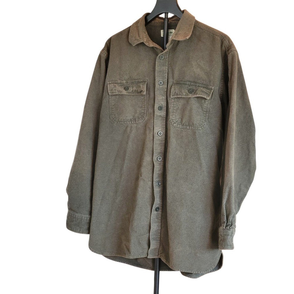 LL Bean Mens Chamois Work Shirt Large Tall Button Cotton Olive Outdoor Green